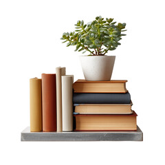 Potted succulent plant rests on stacked vintage books next to upright volumes