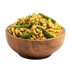 Authentic spicy indian namkeen sev snack in a rustic wooden bowl with green chilies