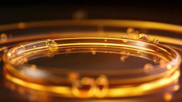 Close-up of stacked golden circular rings with tiny water droplets on the rims, illuminated by warm amber light.