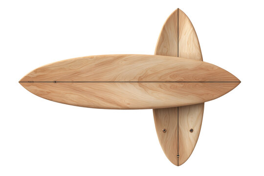 Two stylish wooden surfboards with natural grain, cross pattern, isolated design