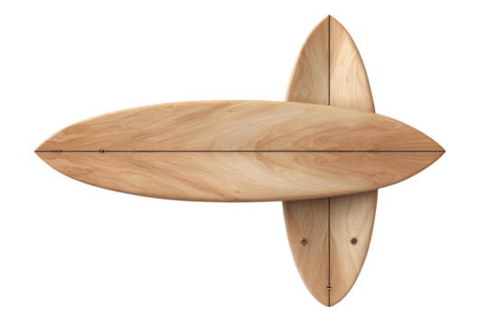 Two stylish wooden surfboards with natural grain, cross pattern, isolated design