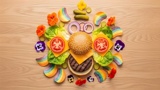  ingredients arranged artistically  buger bun