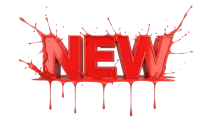 Red paint splash NEW text isolated PNG, creative design element for advertising and promotional materials on transparent background