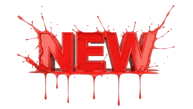 Red paint splash NEW text isolated PNG, creative design element for advertising and promotional materials on transparent background