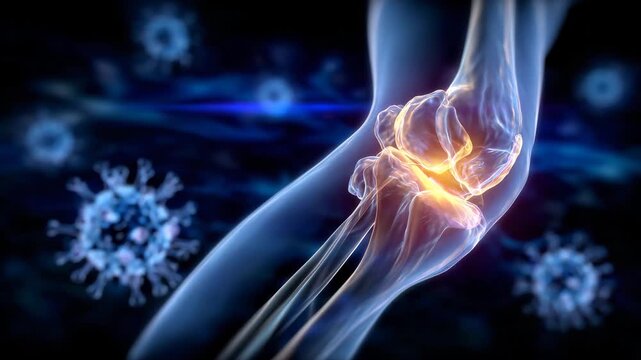 Anatomically accurate knee joint in 3D, showcasing femur, tibia, and patella connection, highlighted orange zone indicating inflammation or arthritis pain, medical art for educatio