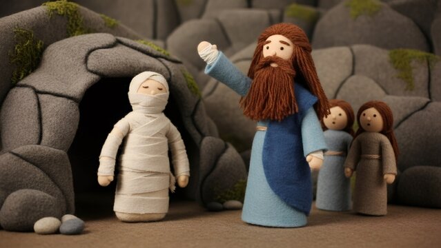 Jesus raising Lazarus felt doll scene with a man in grave clothes. Biblical story for Sunday school craft or child education. Christian Holiday.