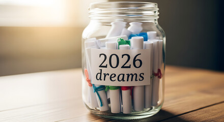Glass jar filled with colorful dream scrolls labeled 2026 dreams.