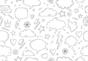 Seamless Background with Doodle Icons, Stars, Hearts, Clouds on White