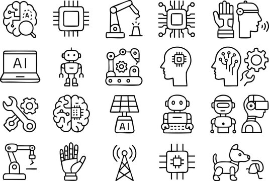 Line icon set 6x4 grid with 24 black outline ai robotics icons showing robot dog, prosthetic hand, microchip, brain, antenna, robotic arm, centered layout, monoline minimal