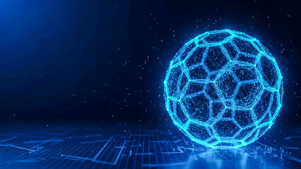 Futuristic technology concept: a luminous blue geodesic sphere made of geometric network connections and tiny particles, set against a deep blue digital backdrop.