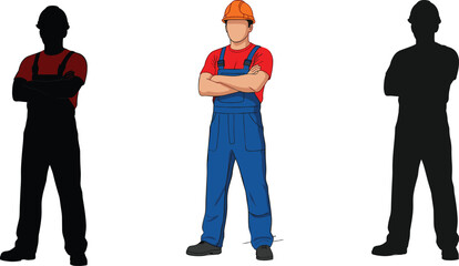 Construction workers vector illustration with safety helmet, silhouette contrast, teamwork concept, industrial labor, professional pose, editable stock design.