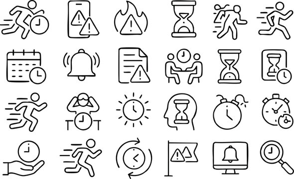 Minimalist line icon set close-up grid showing black outlined hourglass running person alarm clock calendar bell warning triangle stopwatch for productivity app dashboard ux interface pack