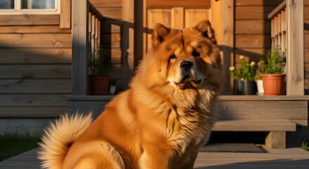 Golden Shiba Inu Dog Sitting Outdoors in Front of Cabin.
