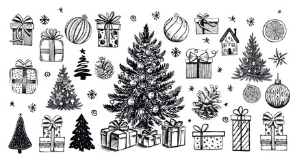Christmas and New Year set on white, Hand drawn illustration.	
