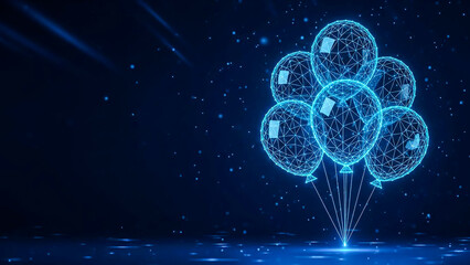 Futuristic abstract scene featuring glowing blue wireframe balloons with digital polygons, set against a dark cosmic backdrop with small shimmering lights.