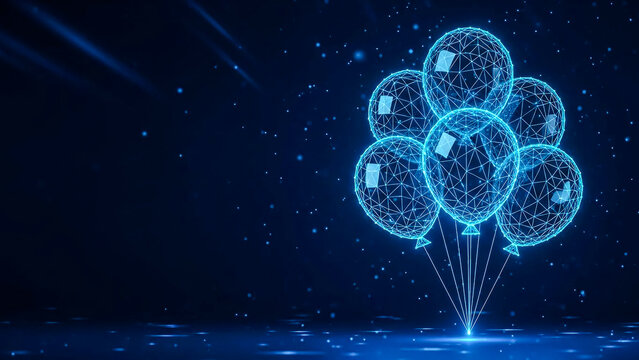 Futuristic abstract scene featuring glowing blue wireframe balloons with digital polygons, set against a dark cosmic backdrop with small shimmering lights. - Powered by Adobe