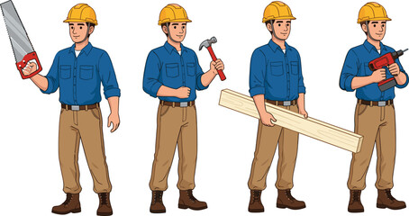 Construction workers with tools in uniform, holding hammer, saw, drill, wood planks, teamwork concept for building and labor industry