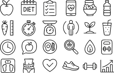 Fototapeta premium Minimalist line icon set close up of health and fitness symbols in thin black stroke grid showing apple stopwatch weighing scale shoe dumbbell salad bowl tape measure