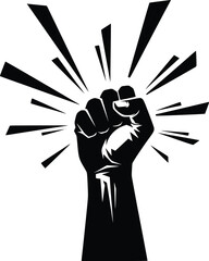 Black and White Vector Icon of Raised Clenched Fist with Radiating Lines Representing Strength and Solidarity
