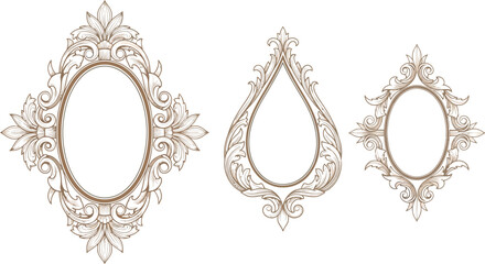 Three Decorative Beige Baroque Frames on White Backdrop with Intricate Details