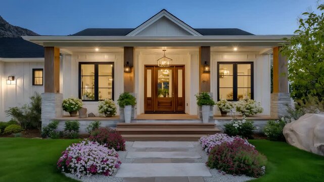 Beautiful modern farmhouse front elevation with textured gray siding, rustic natural wood door, farmhouse sconces with Edison bulbs, and a radiant hanging light over the threshold
