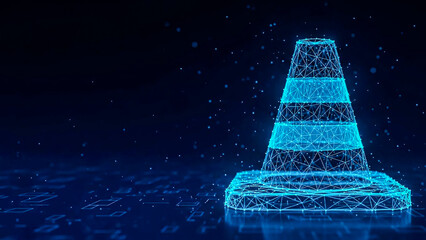 A holographic blue traffic cone made of interconnected lines and dots, symbolizing data, construction, and digital future. Particle effects add depth.