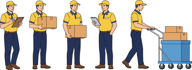 Delivery worker handling packages, writing clipboard, pushing cart, logistics service, courier job, shipping process, transportation, warehouse, parcel management