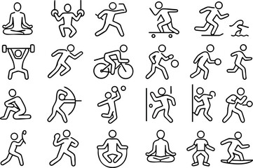 Obraz premium Minimalist line icon set front-facing stick figures grid performing yoga meditation weightlifting barbell cycling running sprint boxing jab skateboarding ollie surfing wave skiing downhill motion