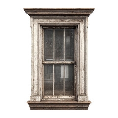 Weathered wooden window with aged paint and dust, showcasing rustic charm and historical character on transparent background