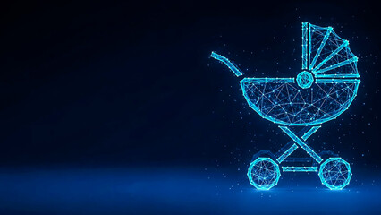 A digital wireframe rendering of a baby carriage, illuminated with neon blue light, against a dark, starry backdrop.