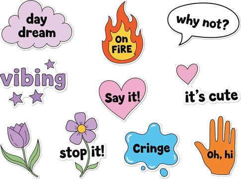 Trendy Stickers with Speech Bubbles, Hearts, Flowers, Fire, and Hand with Transparent Background