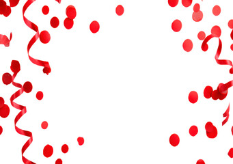 Festive red confetti and ribbon border on transparent background