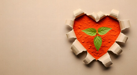 Young green plant growing in rich black soil, seen through a heart-shaped hole in brown kraft paper. Concept of sustainability, eco-friendly living, environmental awareness, love for nature. Earth Day