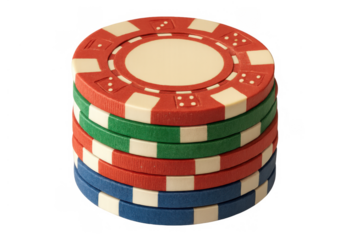 Group of poker chips in red, green, and blue, stacked neatly. Showing gambling, leisure, betting, and wealth. Transparent background