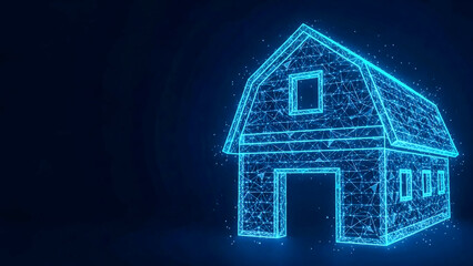 An abstract, glowing blue wireframe model of a barn-style house against a dark backdrop. Represents digital architecture, smart home, and future construction.