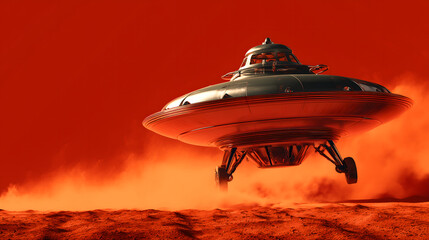 Mysterious retro chrome spaceship landing on red alien planet. science fiction ufo exploring new world, fantastic adventure scene