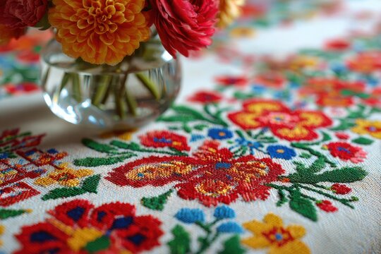 North Macedonian Embroidered Textile with Flowers - Powered by Adobe