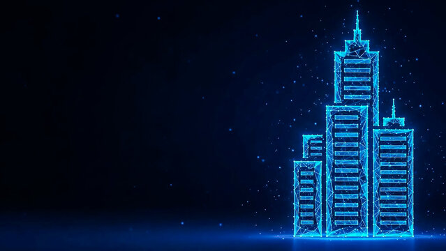 Abstract low-poly digital cityscape formed by interconnected lines and glowing blue nodes, symbolizing smart city development, innovation, and future architecture.