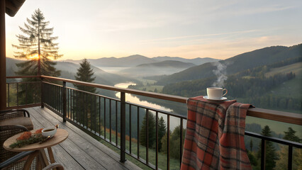 Serene balcony view at sunrise with coffee cup, plaid blanket, and mountains in the background
