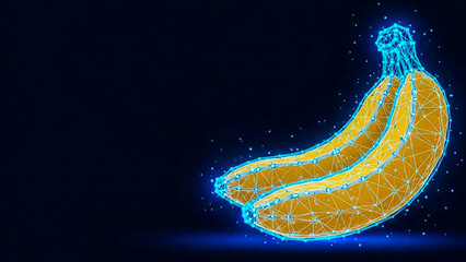 A modern digital representation of bananas, showcasing a wireframe mesh with interconnected nodes and scattered light particles, symbolizing technology and nutrition.