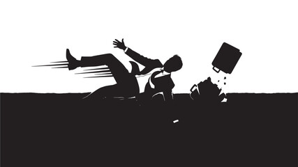 Businessman dramatically failing with flying briefcase in stark contrast, offering a powerful visual metaphor for setbacks, financial loss, or comedic misfortune in business