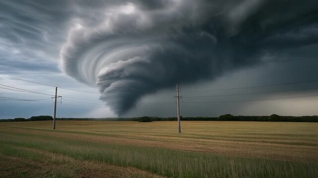 Dramatic Supercell Thunderstorm Spawning a Large Tornado Over Fields.