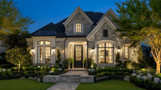 Captivating dusk exterior of a newly built luxury home, detailed stone fa&ccedil;ade, glowing windows reflecting comfort and warmth, lush green lawns and accent lighting completing the se