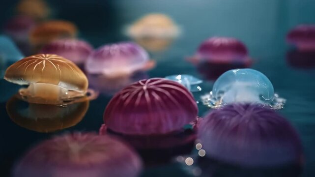 Colorful jellyfish drifting in dark water, illuminated in blue, purple, pink and orange.