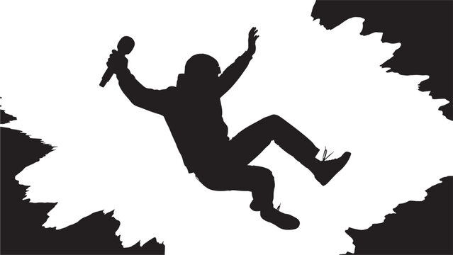 Energetic performer falling backwards with microphone in hand, dynamic silhouette against stark white backdrop for edgy creative concepts, representing chaos, failure, or dramatic scene