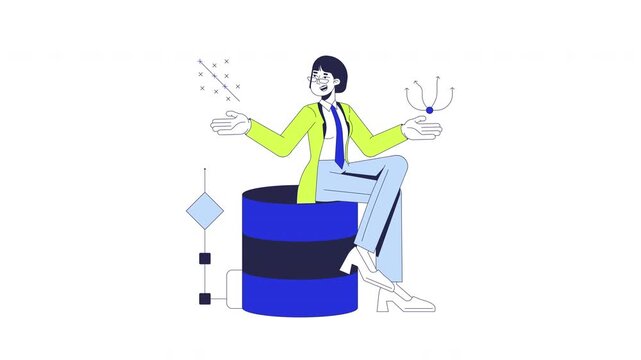 Statistician analyzing database trends 2D animation. Data aggregation. Asian female data scientist with predictive modeling animated character cartoon flat concept metaphor 4K video isolated on white