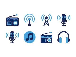 A collection of digital icons representing broadcasting, music, and audio technology, including radios, microphones, and headphones.