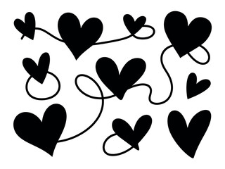 A collection of abstract black heart shapes connected by thin, whimsical lines on a white background.