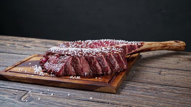 Succulent tomahawk steak resting on a wooden cutting board, garnished with sea salt, showcasing rich textures and colors, with a gradual camera zoom emphasizing the mouthwatering details of the meat