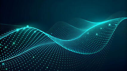 Abstract glowing blue and green digital wave of particles